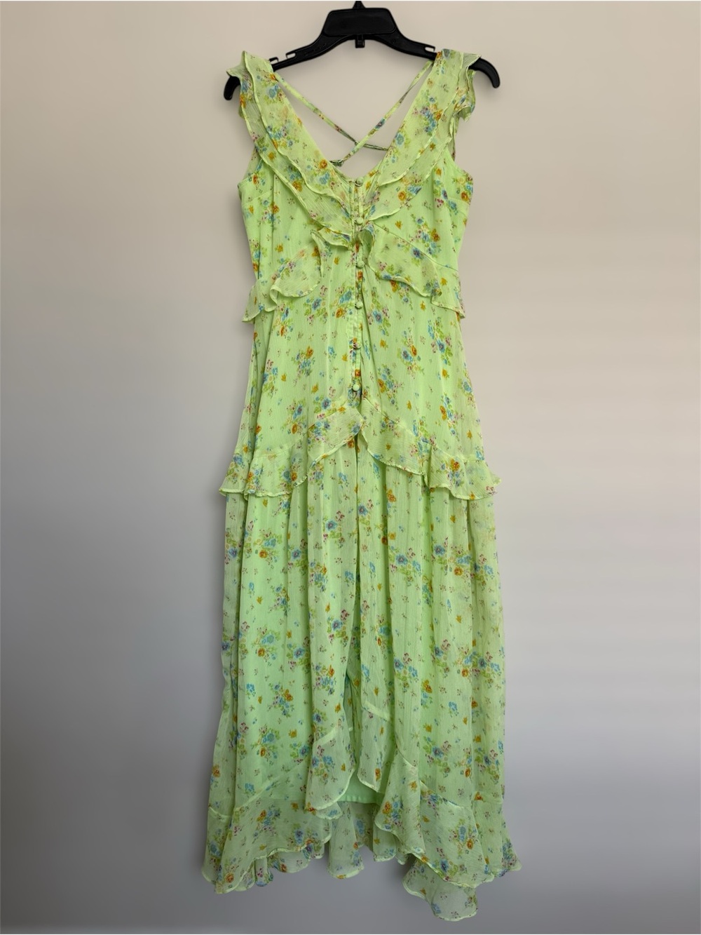 ASOS Green Floral Ruffle Maxi Tiered Dress Sz 6 Cottagecore Fairy Ethereal Boho